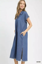 Blue denim midi dress with short sleeves and front slit umgee stone washed collared denim midi dress