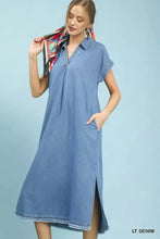 Umgee stone washed light blue denim midi dress with short sleeves collar and front slit