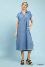 Umgee stone washed light blue denim midi dress with short sleeves and a collared neckline for casual wear