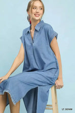Umgee stone washed collared light blue denim midi dress with short sleeves and a high low hemline