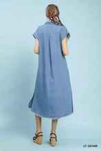 Light blue Umgee stone washed denim midi dress with short sleeves, collar, and side slit for casual wear