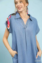Umgee stone washed collared denim midi dress in light blue with short sleeves and colorful striped shoulder detailing