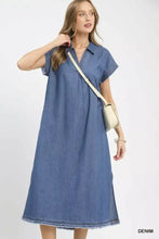 A medium-wash blue denim midi dress with a collar short sleeves and a frayed hem by Umgee Stone Washed