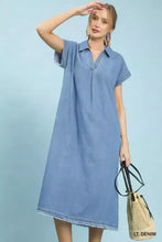 Light blue stone washed denim midi dress with short sleeves and collar by Umgee for casual wear