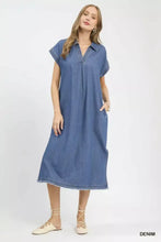 Umgee stone washed blue denim midi dress with short sleeves and collar made from soft denim material