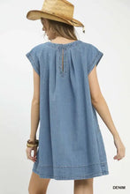 Blue denim mini dress with short sleeves and back pleat detail umgee stone washed denim mini dress