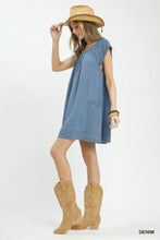Blue denim sleeveless Umgee stone washed denim mini dress with relaxed fit and front pockets for casual wear