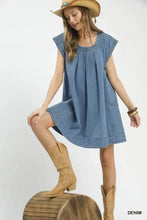 Umgee stone washed denim mini dress in soft blue with relaxed fit, cap sleeves, and subtle stitching details
