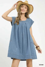 Blue stone washed denim mini dress with short sleeves and gathered neckline by umgee denim mini dress
