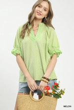 Umgee stripe ruffle sleeve split-neck blouse in light green and white stripes with ruffled sleeves and v-neckline