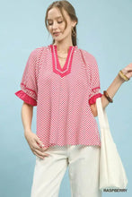 Umgee stripe ruffle sleeve blouse in pink and white with v-neckline and ruffled sleeves for stylish casual wear