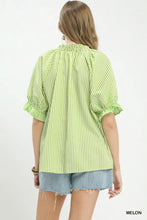 Light green and white umgee stripe ruffle sleeve blouse with gathered neckline and split neck detail