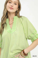 Umgee stripe ruffle sleeve blouse in light green and white with v-neckline and matching trim for casual wear