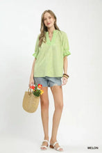 Umgee light green and white stripe ruffle sleeve blouse with herringbone pattern and split neck detail