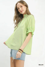 Light green and white stripe ruffle sleeve blouse with split neck and ruffled short sleeves by Umgee
