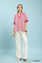 Umgee stripe ruffle sleeve split-neck blouse in pink and white stripes with ruffled sleeves and neckline for women