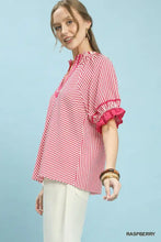 Umgee stripe ruffle sleeve blouse in raspberry with red and white vertical stripes and a high neckline