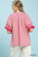 Umgee stripe ruffle sleeve split-neck blouse in raspberry with ruffled sleeves and gathered neckline for stylish wear