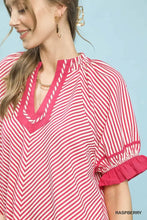 Umgee stripe ruffle sleeve split-neck blouse in vibrant raspberry and white chevron with v-neckline and matching trim