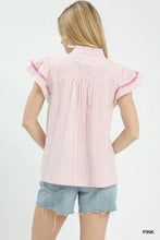 Umgee striped flutter sleeve top in pink and white vertical stripes with ruffled short flutter sleeves