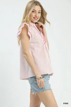 Umgee striped flutter sleeve top in pink and white vertical stripes with ruffled shoulder details and sleeveless design