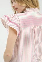 Umgee striped flutter sleeve top in pink and white vertical stripes with ruffled sleeves edged in pink lace
