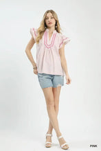Umgee striped flutter sleeve top in pink and white vertical stripes with ruffled short sleeves and pink embroidery v-neckline