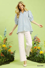 Umgee striped puff sleeve blouse in blue and white vertical stripes with puff sleeves made of lightweight fabric