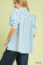 Umgee blue and white striped puff sleeve blouse with ruffled sleeves made of lightweight fabric for casual wear