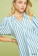 Umgee striped puff sleeve blouse in blue and white vertical stripes with loose fit and puffed sleeves