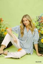Umgee blue and white striped puff sleeve blouse with vertical stripes and v-neckline in lightweight fabric