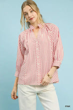 Umgee striped v neck pink and white vertically striped button down blouse with rolled cuffs for casual wear