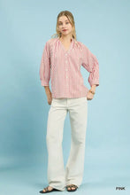Umgee striped v-neck button down top featuring a pink and white striped blouse with puffed sleeves and rolled cuffs