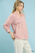 Umgee striped v-neck button down top in pink and white vertical stripes with collar and rolled cuffs three quarter sleeves