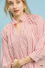 Umgee striped v-neck blouse with pink and white vertical stripes button-down front puffed sleeves and collar