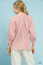 Umgee striped v neck pink and white diagonal striped blouse with three quarter length sleeves and button down front
