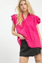 Fuchsia umgee textured flutter sleeve split neck top with ruffled sleeves in a soft textured fabric