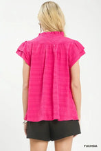 Fuchsia textured flutter sleeve split neck blouse by umgee with ruffled short sleeves in lightweight fabric