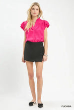 Fuchsia Umgee textured flutter sleeve split neck top with short ruffled sleeves and lightweight fabric for casual wear