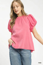 Umgee soft pink textured gauze blouse with ruffle neck, puffed short sleeves, and gathered neckline