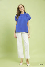 A vibrant royal blue umgee textured gauze ruffle neck boho top with puffed sleeves and gathered neckline