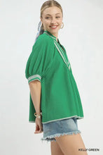Umgee textured jacquard blouse in Kelly green featuring white and gray jacquard contrast trim details