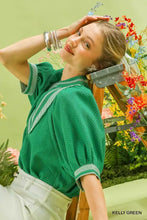 Kelly green textured jacquard blouse with white and gray jacquard contrast trim accents by Umgee