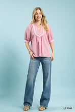 Pink lightweight umgee blouse with textured jacquard fabric and delicate white jacquard contrast trim along neckline