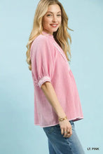Umgee soft light pink blouse with textured jacquard contrast trim high neckline and puffed sleeves