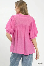 Pink peony patterned umgee blouse with puff sleeves gathered waist and textured lace trim for boho style
