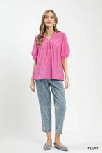Umgee vibrant pink boho blouse with textured lace trim v-neck and puffed sleeves in soft textured lace fabric