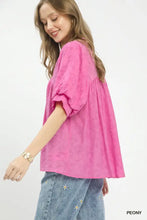 Umgee pink blouse with textured lace trim, puffed sleeves, and relaxed fit in boho style
