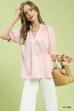 Light pink textured pintuck blouse with lightweight fabric ruffled sleeves and scalloped hem by Umgee