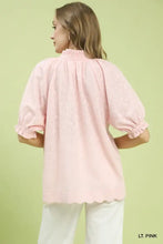 Light pink umgee textured pintuck blouse with puffed sleeves and scalloped hem for elegant casual wear